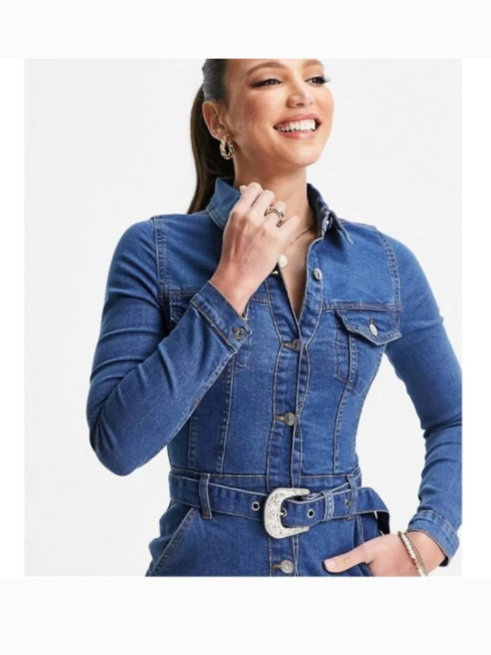 New💥Parisian stretchy COTTON denim button up belted dress pockets 284 05267 - Picture 3 of 5
